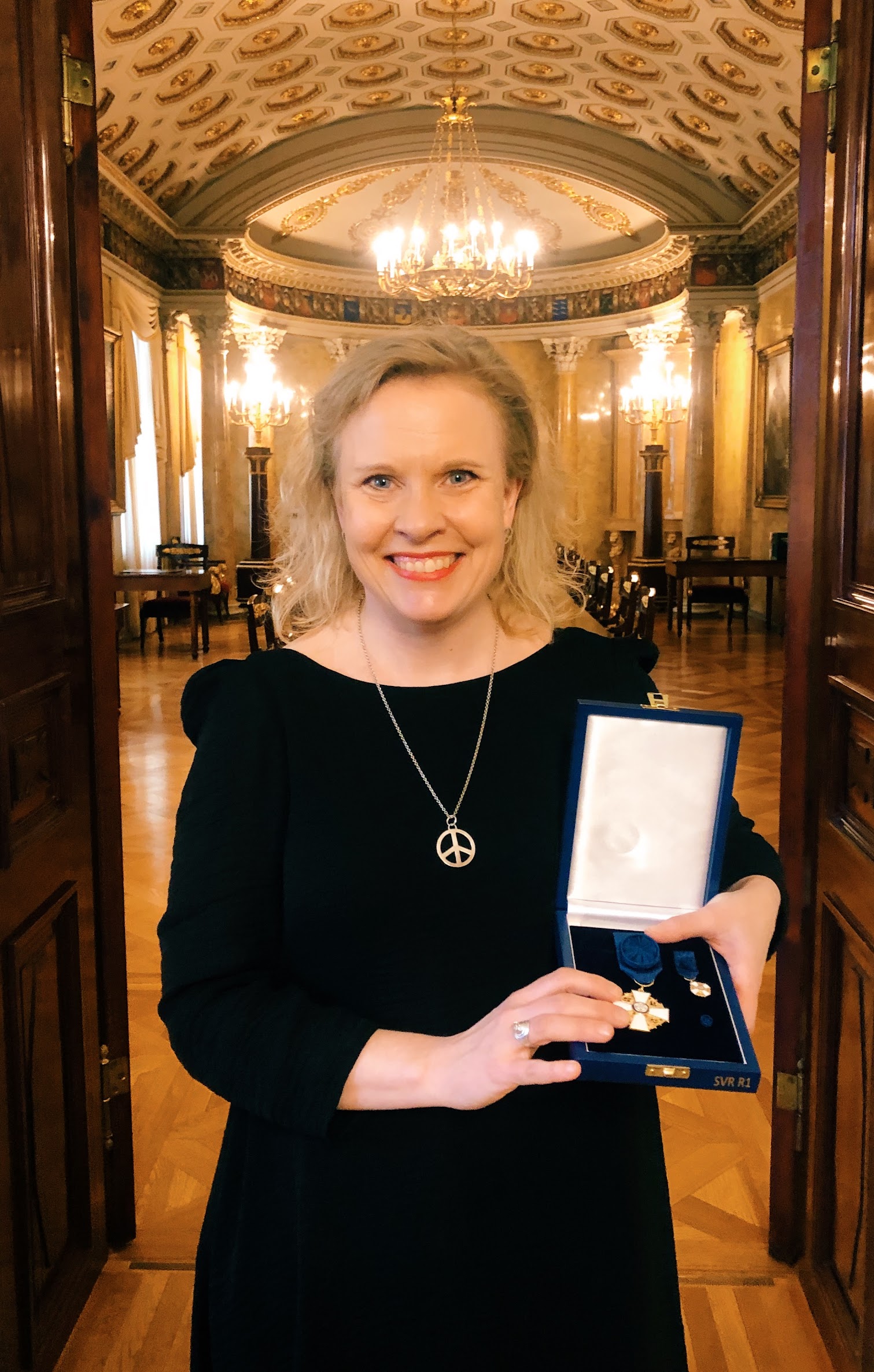 Pilvi Torsti after having received Knight First Class (FWR K I), Order of the White Rose of Finland -award